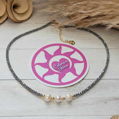 Translucent Black or Gray Choker - Crystals and Freshwater Pearls