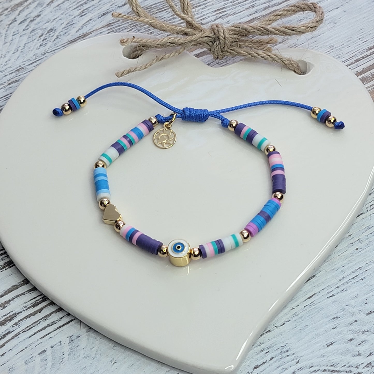 Colorful Evil Eye Adjustable Bracelet. 18k Gold-Filled Beads, and Heart Charm.