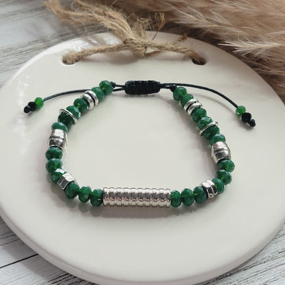 Dark Green Adjustable Bracelet With Silver Details for Men (Available in Many Colors of Crystals)