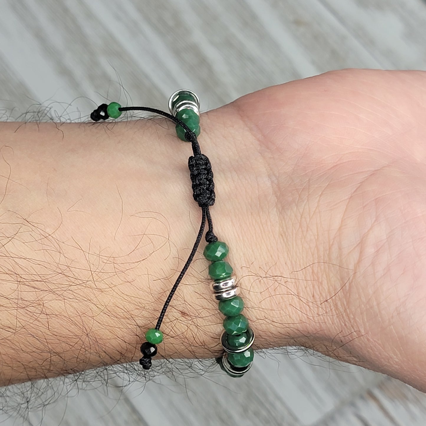 Dark Green Adjustable Bracelet With Silver Details for Men (Available in Many Colors of Crystals)