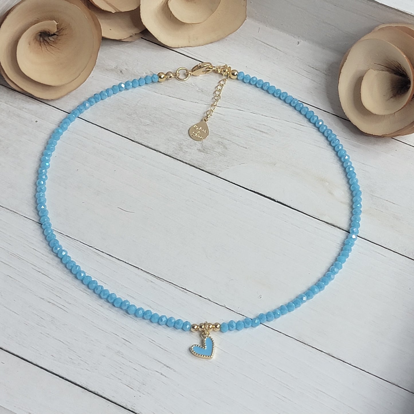 Beaded Blue Heart Crystal Necklace (Available in many Colors)