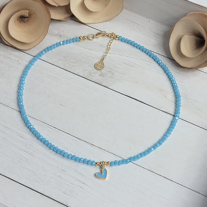 Beaded Blue Heart Crystal Necklace (Available in many Colors)