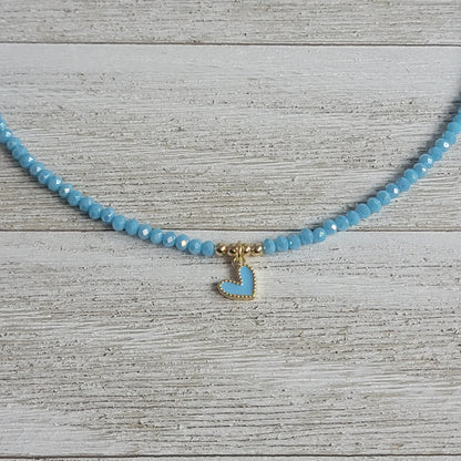 Beaded Blue Heart Crystal Necklace (Available in many Colors)