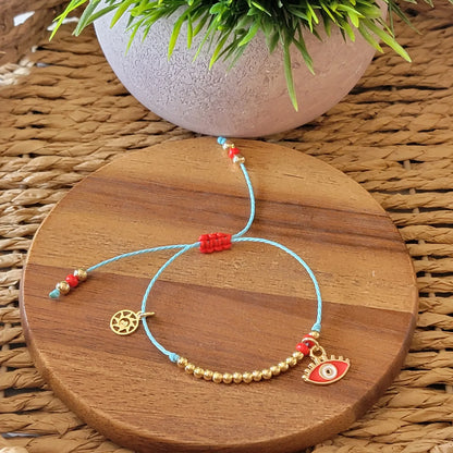 Bracelet with 18k Gold-Filled Small Round Beads and Colored Evil Eye Pendant | Available in Many Colors
